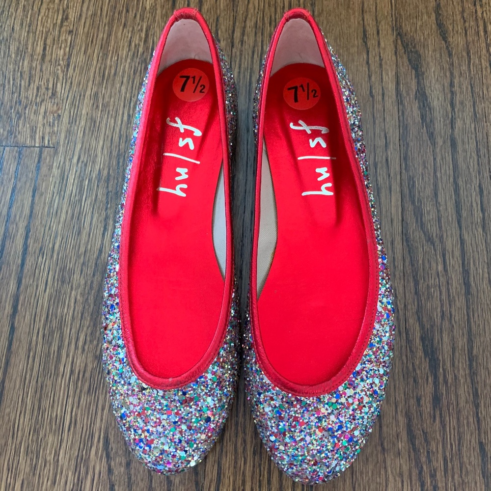 French Sole FS/NY glitter flats red piping Sz 7.5